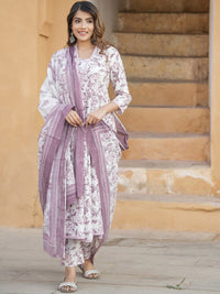 Thumbnail for Kalini Floral Printed V-Neck Thread Work Anarkali Cotton Kurta with Trousers & Dupatta - Distacart