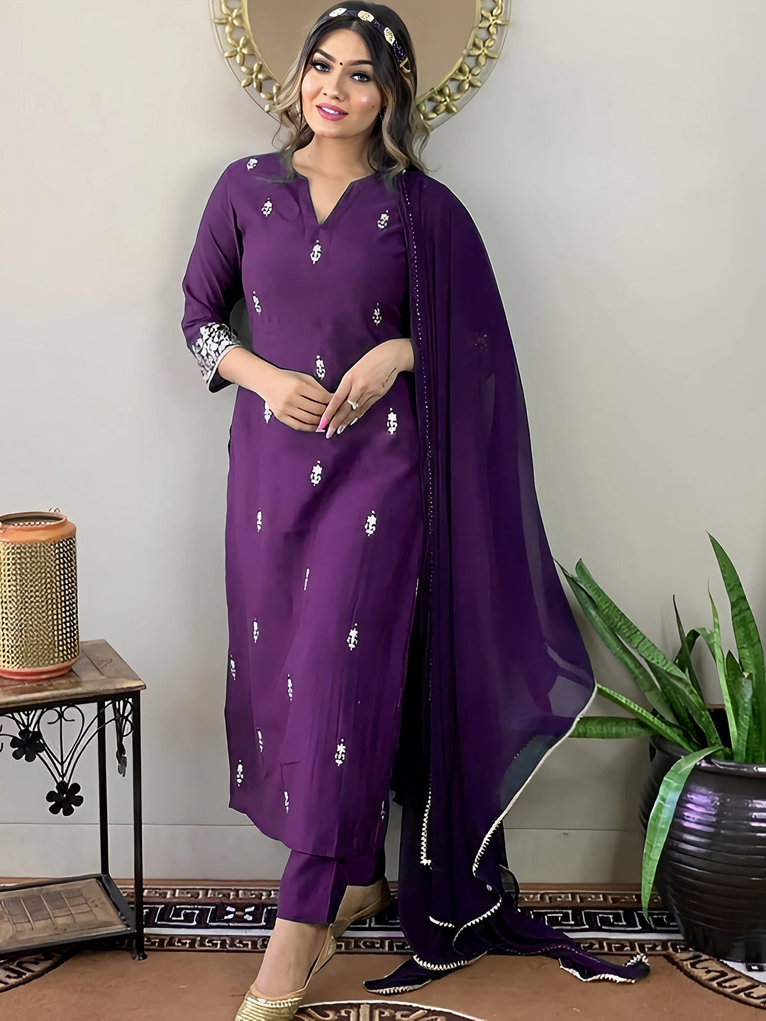 Kalini Floral Embroidered Thread Work Kurta With Trousers & Dupatta - Distacart
