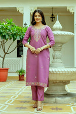 Thumbnail for The52 Purple Women's Beautiful Embroidered Viscose Chanderi Silk Fabric with Straight Kurta, Pant and Dupatta Set - Distacart