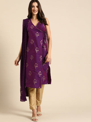 All About You Women Purple Ethnic Motifs Foil Printed Angrakha Kurta Set - Distacart