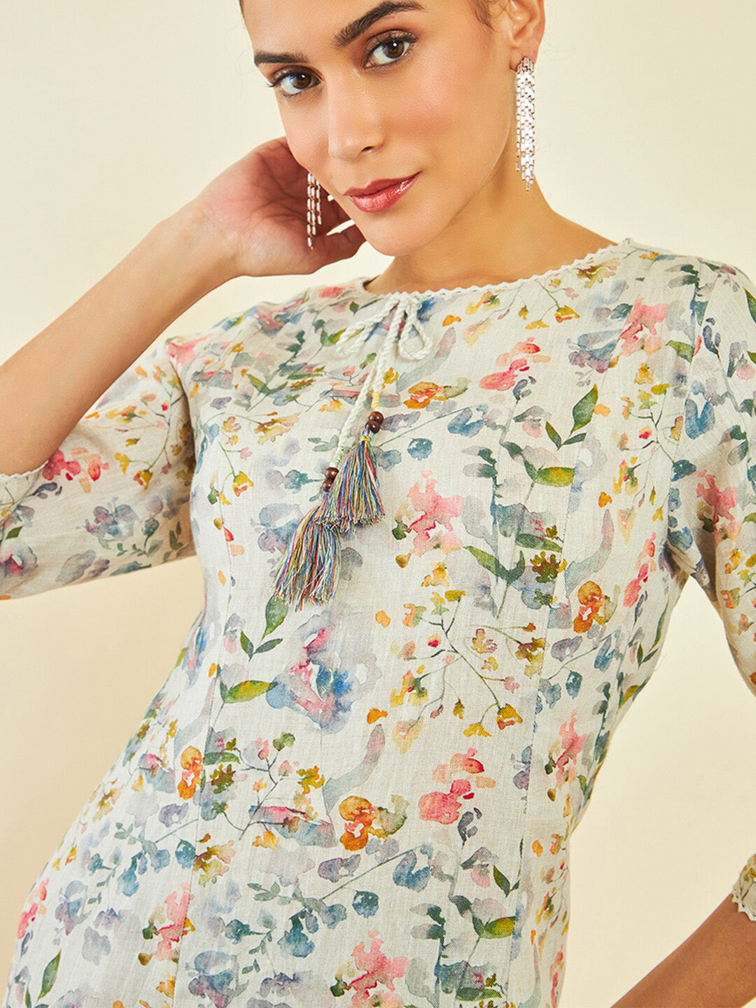 Soch Floral Printed Linen Straight Kurta - Distacart
