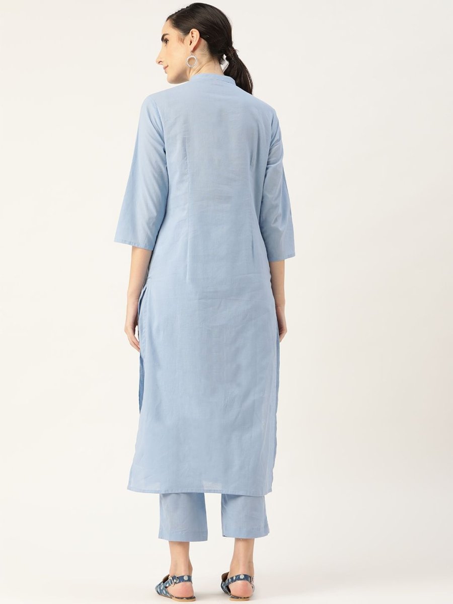 Anouk Women Blue Ethnic Motifs Embroidered Panelled Pure Cotton Kurta with Trousers - Distacart