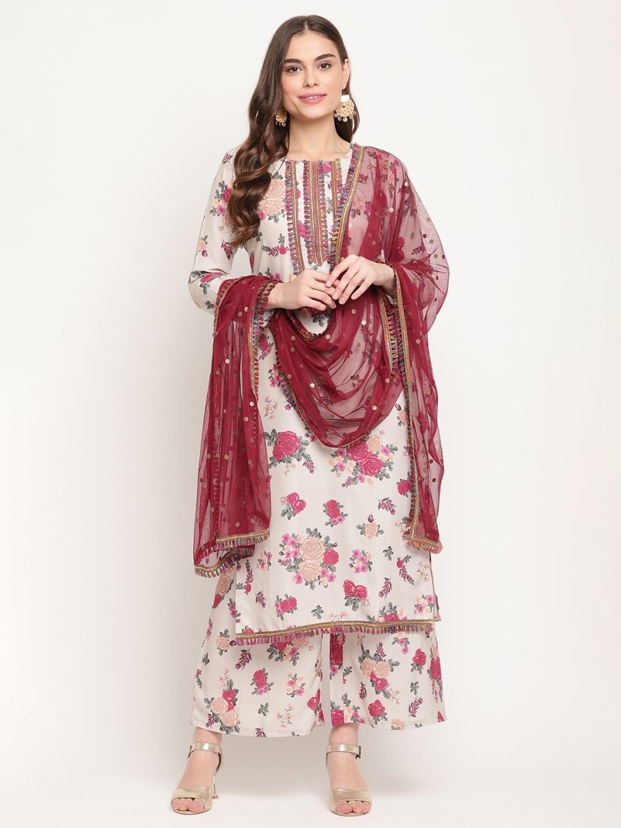 Ahalyaa Women Beige Floral Printed Regular Gotta Patti Kurta with Palazzos & With Dupatta