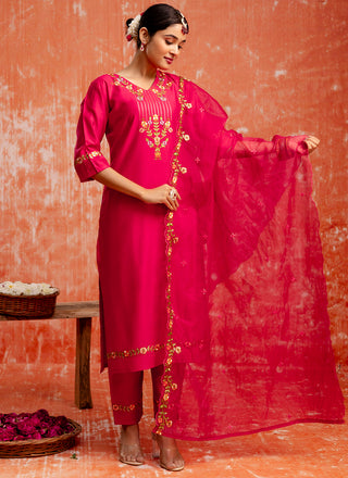 Vellora Viscose Red Casual Wear Embroidery Work Readymade Salwar Suit
