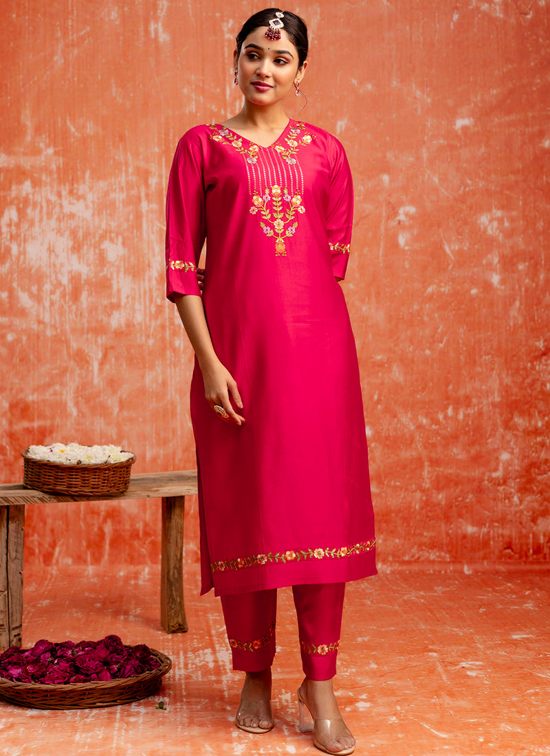 Vellora Viscose Red Casual Wear Embroidery Work Readymade Salwar Suit