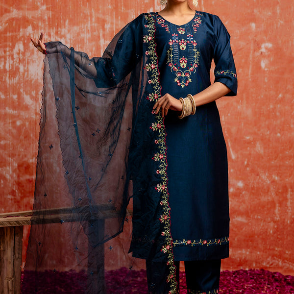 Vellora Viscose Navy Blue Casual Wear Embroidery Work Readymade Salwar Suit - Distacart