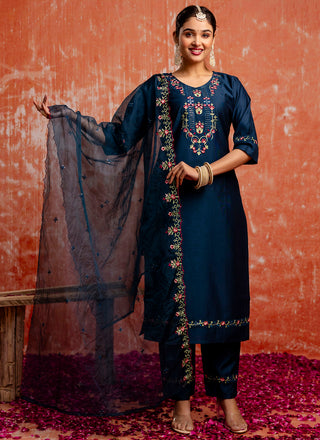 Vellora Viscose Navy Blue Casual Wear Embroidery Work Readymade Salwar Suit