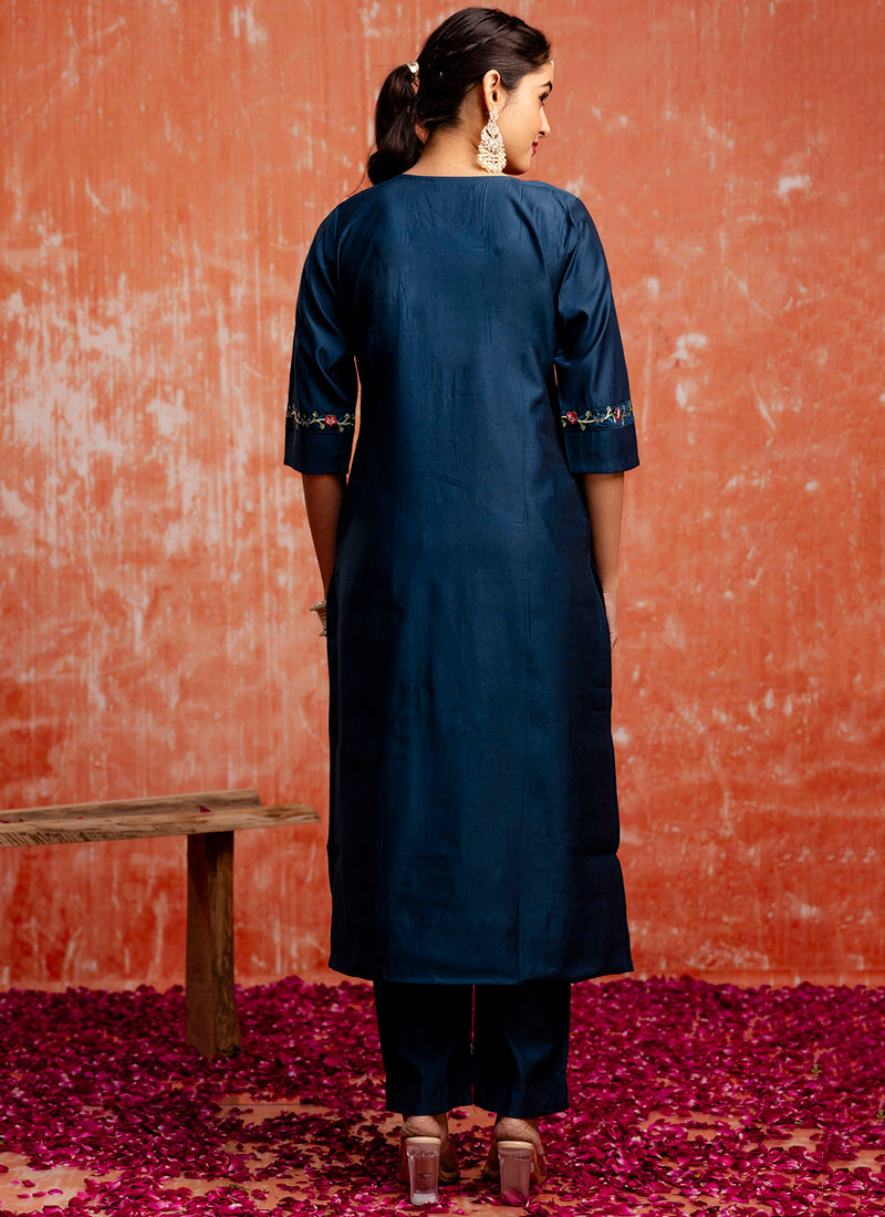 Vellora Viscose Navy Blue Casual Wear Embroidery Work Readymade Salwar Suit