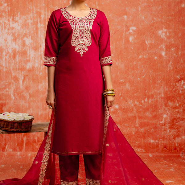 Vellora Viscose Red Casual Wear Embroidery Work Readymade Salwar Suit