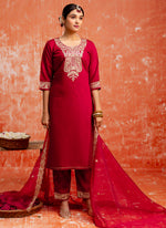 Thumbnail for Vellora Viscose Red Casual Wear Embroidery Work Readymade Salwar Suit