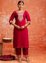 Thumbnail for Vellora Viscose Red Casual Wear Embroidery Work Readymade Salwar Suit