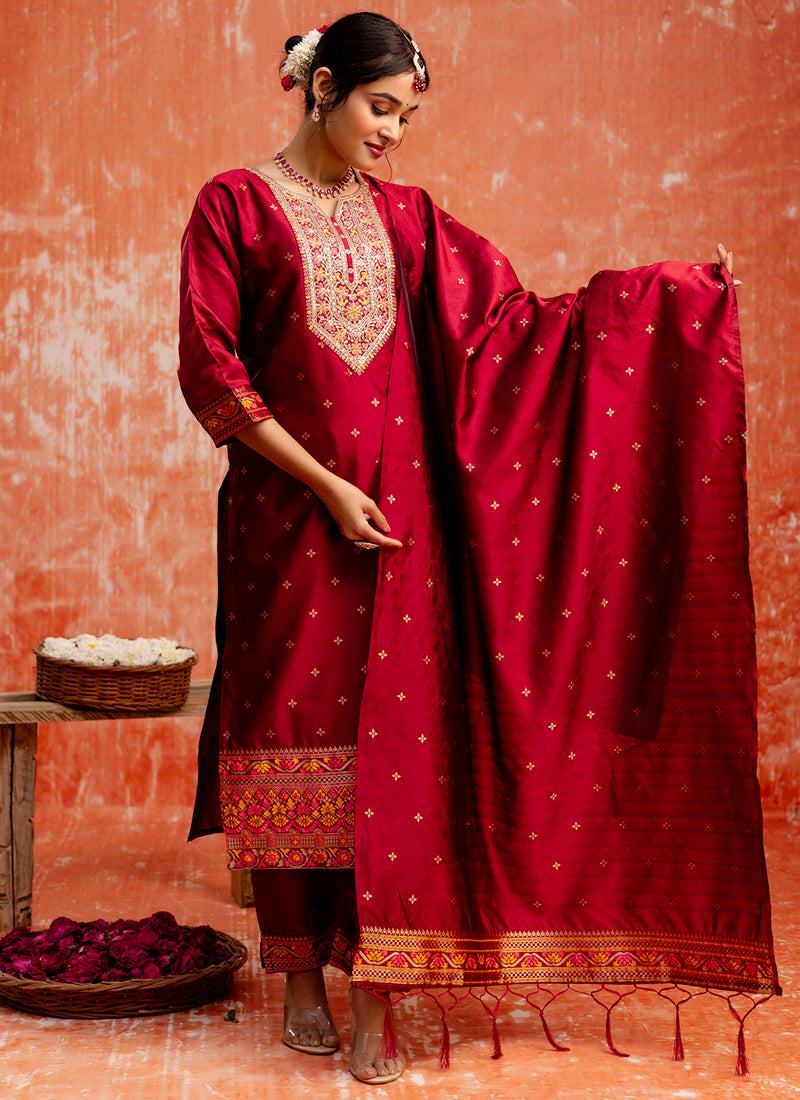 Vellora Cotton Silk Blend Red Casual Wear Embroidery Work Readymade Salwar Suit