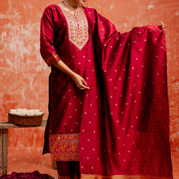 Vellora Cotton Silk Blend Red Casual Wear Embroidery Work Readymade Salwar Suit - Distacart