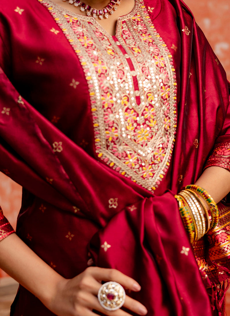 Vellora Cotton Silk Blend Red Casual Wear Embroidery Work Readymade Salwar Suit