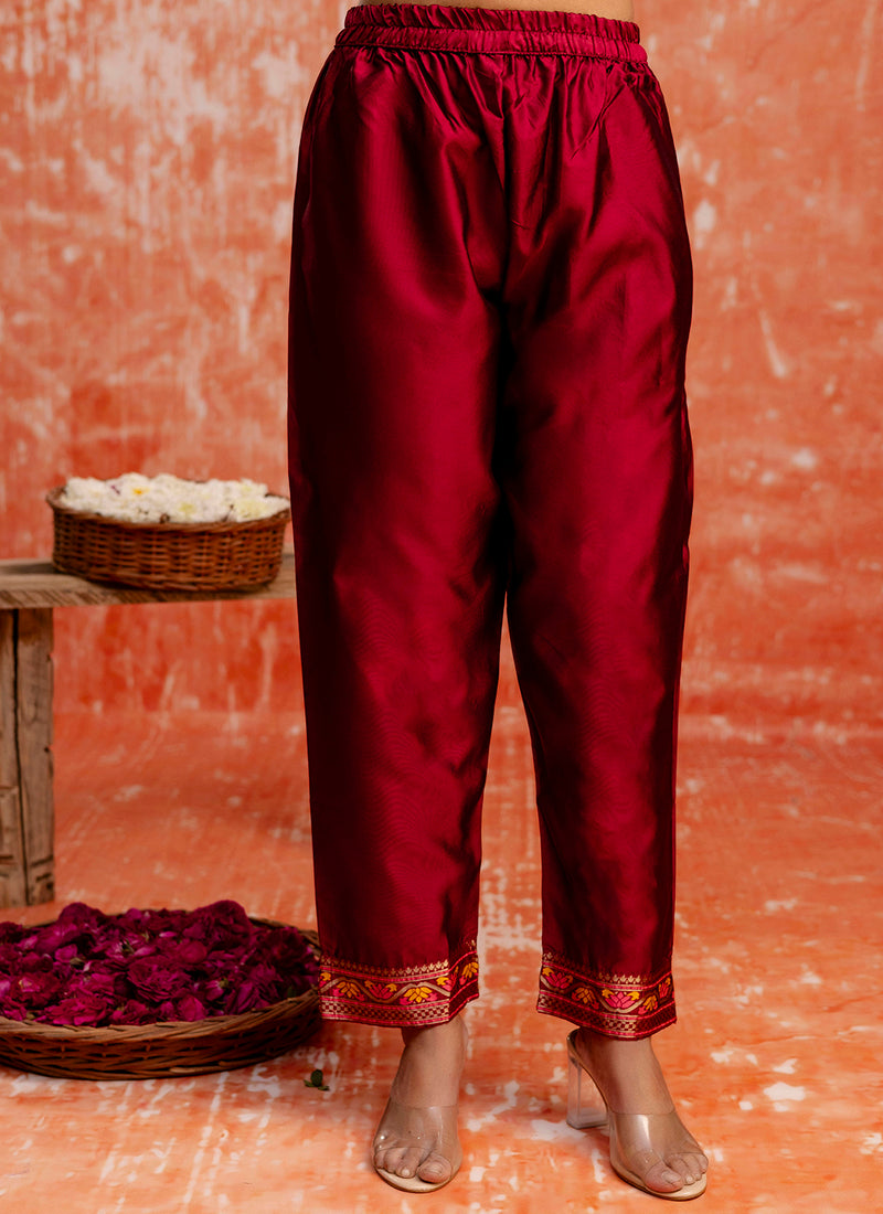 Vellora Cotton Silk Blend Red Casual Wear Embroidery Work Readymade Salwar Suit