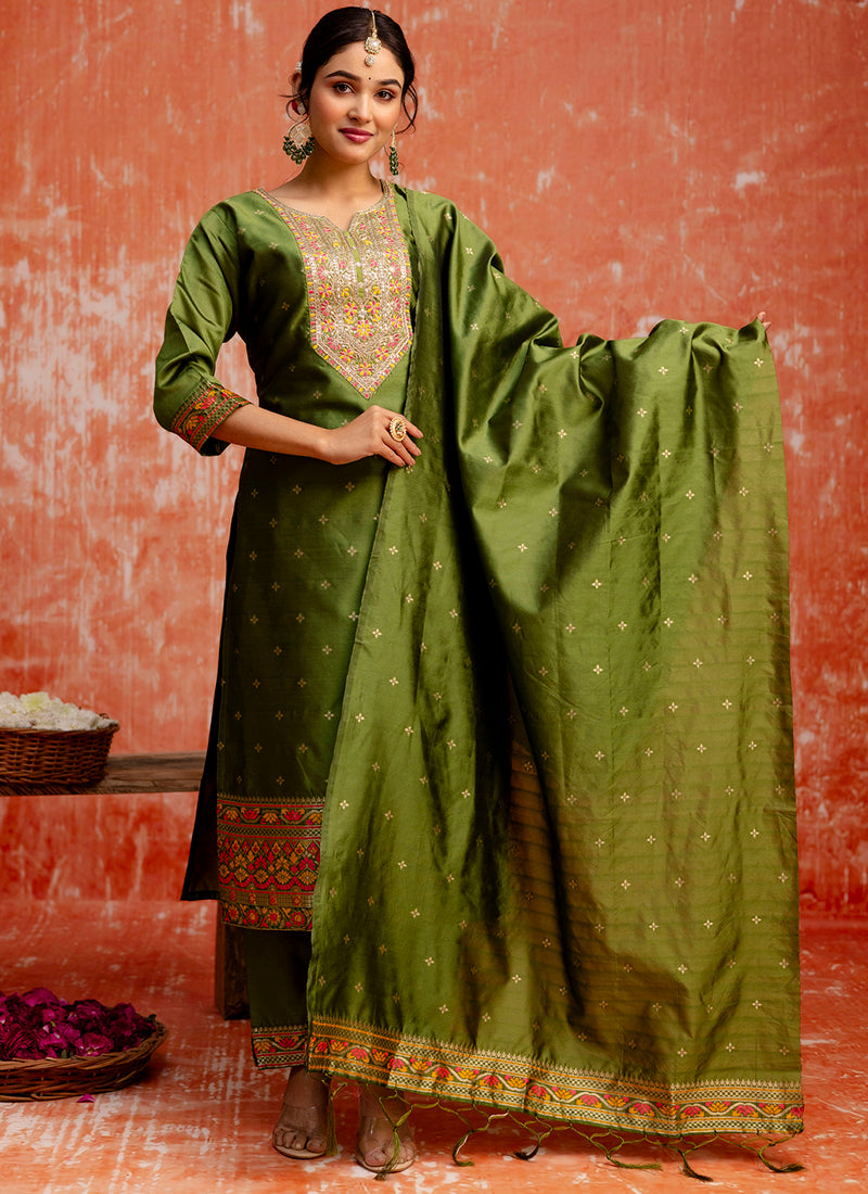 Vellora Cotton Silk Blend Mehendi Casual Wear Embroidery Work Readymade Salwar Suit