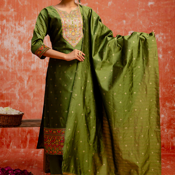 Vellora Cotton Silk Blend Mehendi Casual Wear Embroidery Work Readymade Salwar Suit - Distacart