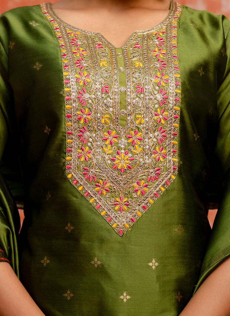 Vellora Cotton Silk Blend Mehendi Casual Wear Embroidery Work Readymade Salwar Suit