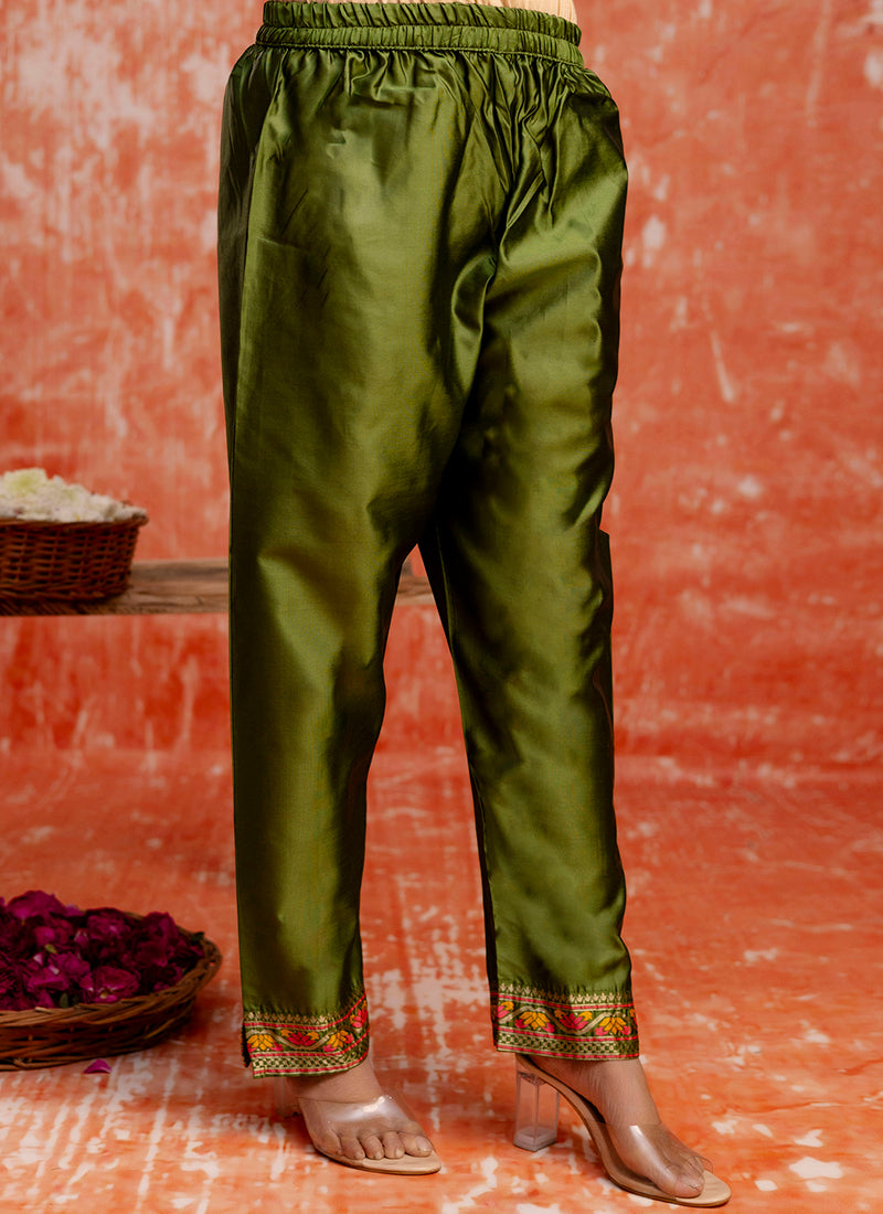 Vellora Cotton Silk Blend Mehendi Casual Wear Embroidery Work Readymade Salwar Suit