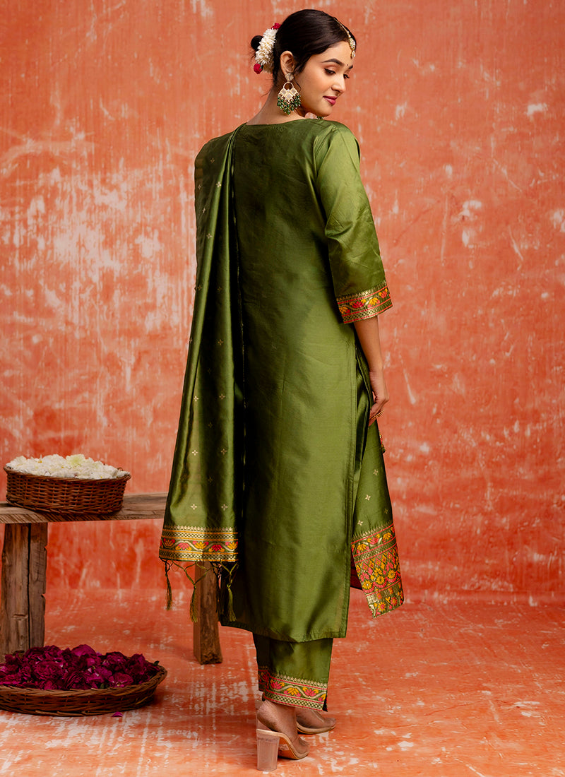 Vellora Cotton Silk Blend Mehendi Casual Wear Embroidery Work Readymade Salwar Suit