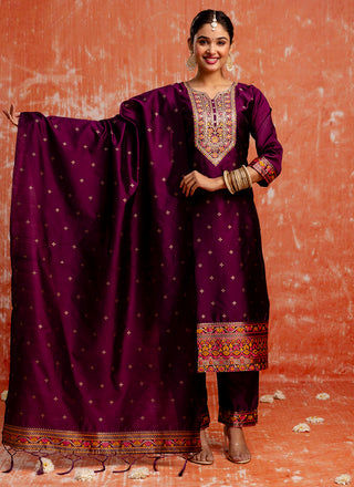 Vellora Cotton Silk Blend Wine Casual Wear Embroidery Work Readymade Salwar Suit