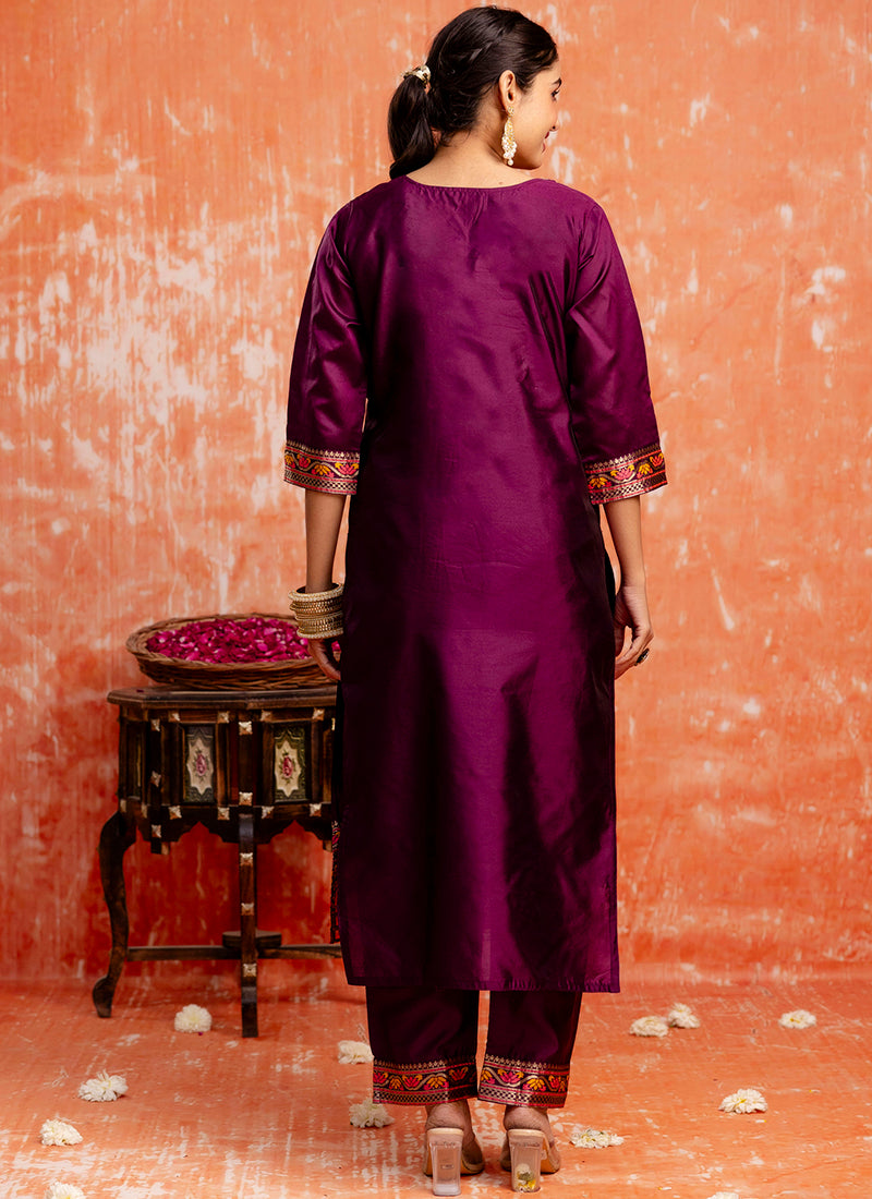 Vellora Cotton Silk Blend Wine Casual Wear Embroidery Work Readymade Salwar Suit