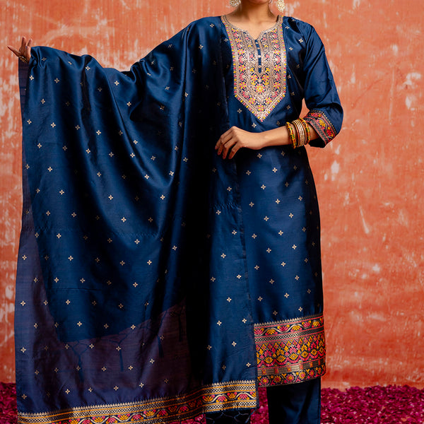 Vellora Cotton Silk Blend Navy Blue Casual Wear Embroidery Work Readymade Salwar Suit