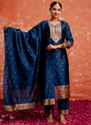 Vellora Cotton Silk Blend Navy Blue Casual Wear Embroidery Work Readymade Salwar Suit