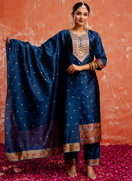 Vellora Cotton Silk Blend Navy Blue Casual Wear Embroidery Work Readymade Salwar Suit