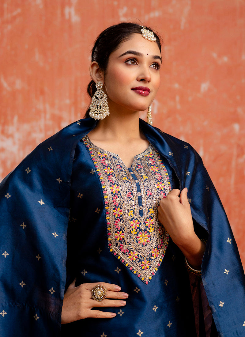 Vellora Cotton Silk Blend Navy Blue Casual Wear Embroidery Work Readymade Salwar Suit