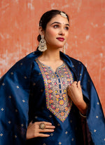 Thumbnail for Vellora Cotton Silk Blend Navy Blue Casual Wear Embroidery Work Readymade Salwar Suit