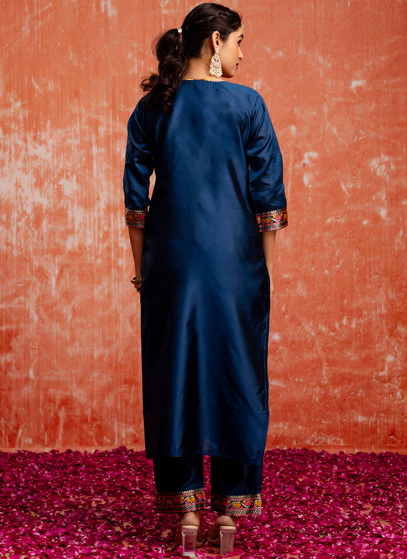 Vellora Cotton Silk Blend Navy Blue Casual Wear Embroidery Work Readymade Salwar Suit