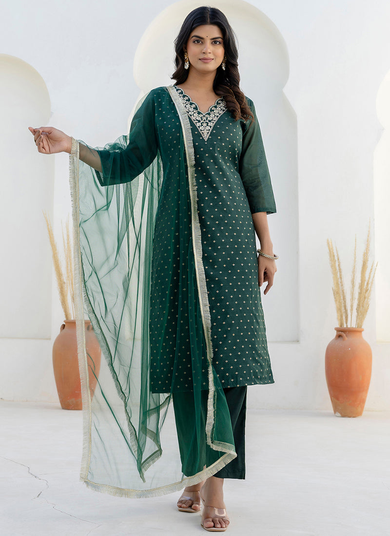 Vellora Chanderi Silk Dark Green Casual Wear Embroidery Work Readymade Salwar Suit
