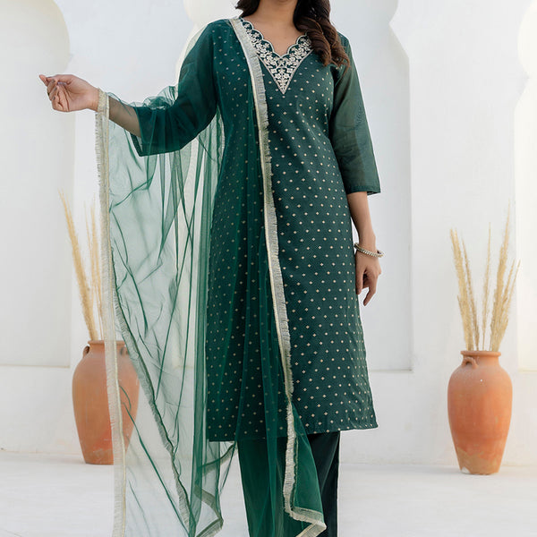 Vellora Chanderi Silk Dark Green Casual Wear Embroidery Work Readymade Salwar Suit