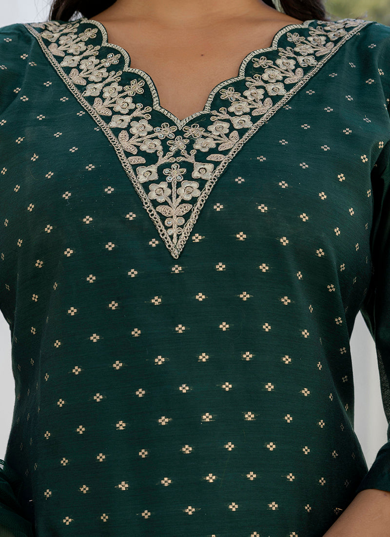 Vellora Chanderi Silk Dark Green Casual Wear Embroidery Work Readymade Salwar Suit