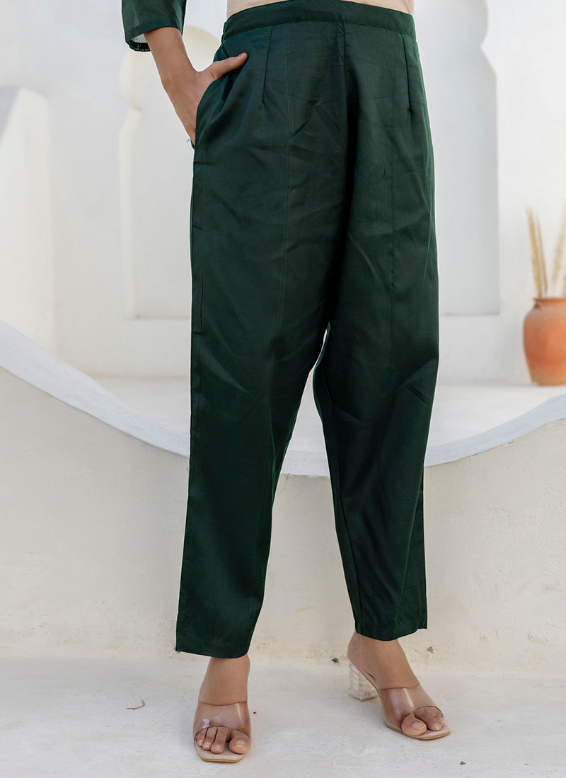 Vellora Chanderi Silk Dark Green Casual Wear Embroidery Work Readymade Salwar Suit