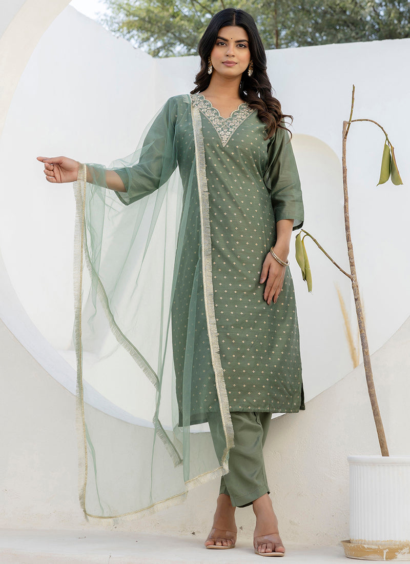 Vellora Chanderi Silk Mehendi Casual Wear Embroidery Work Readymade Salwar Suit