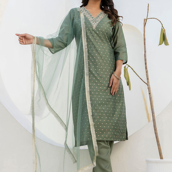 Vellora Chanderi Silk Mehendi Casual Wear Embroidery Work Readymade Salwar Suit