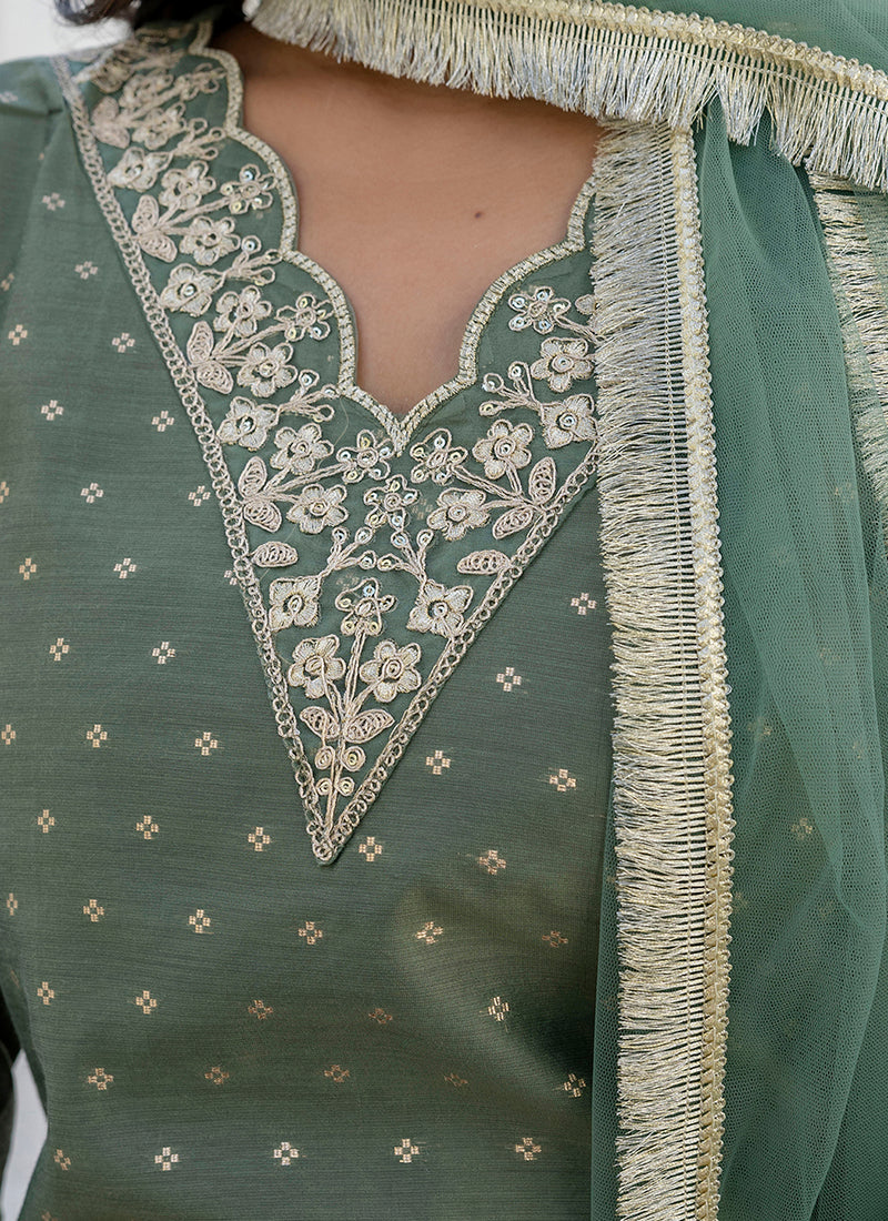 Vellora Chanderi Silk Mehendi Casual Wear Embroidery Work Readymade Salwar Suit