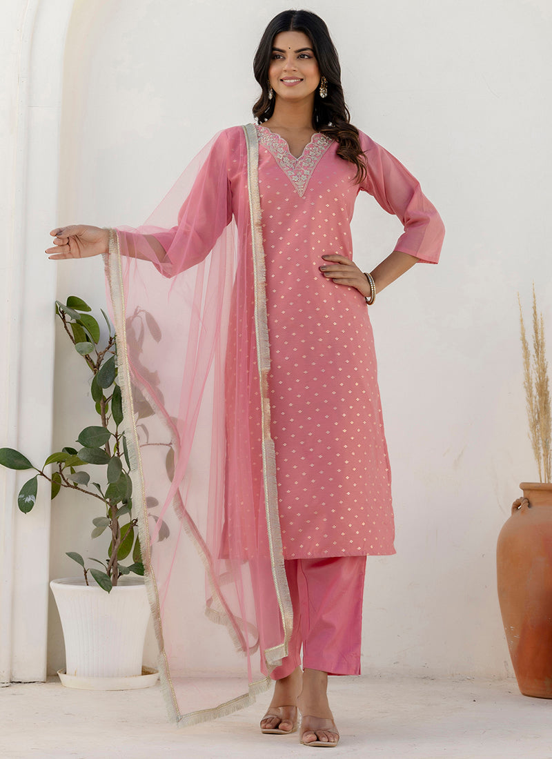 Vellora Chanderi Silk Pink Casual Wear Embroidery Work Readymade Salwar Suit