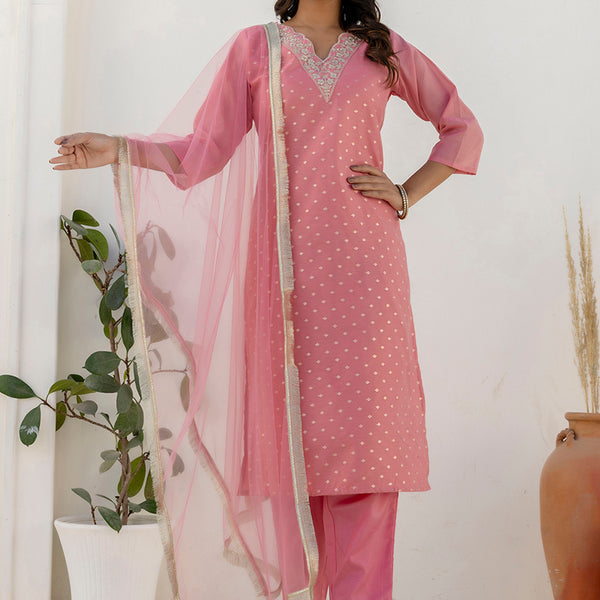 Vellora Chanderi Silk Pink Casual Wear Embroidery Work Readymade Salwar Suit - Distacart