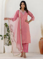 Thumbnail for Vellora Chanderi Silk Pink Casual Wear Embroidery Work Readymade Salwar Suit
