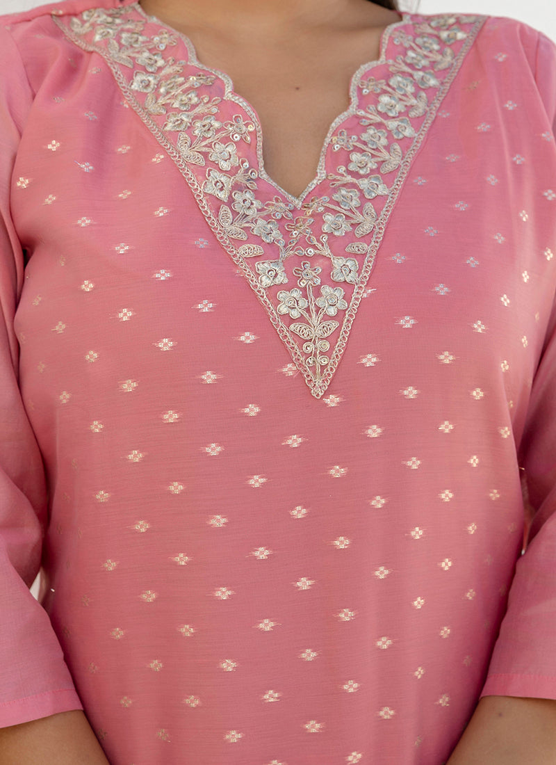 Vellora Chanderi Silk Pink Casual Wear Embroidery Work Readymade Salwar Suit