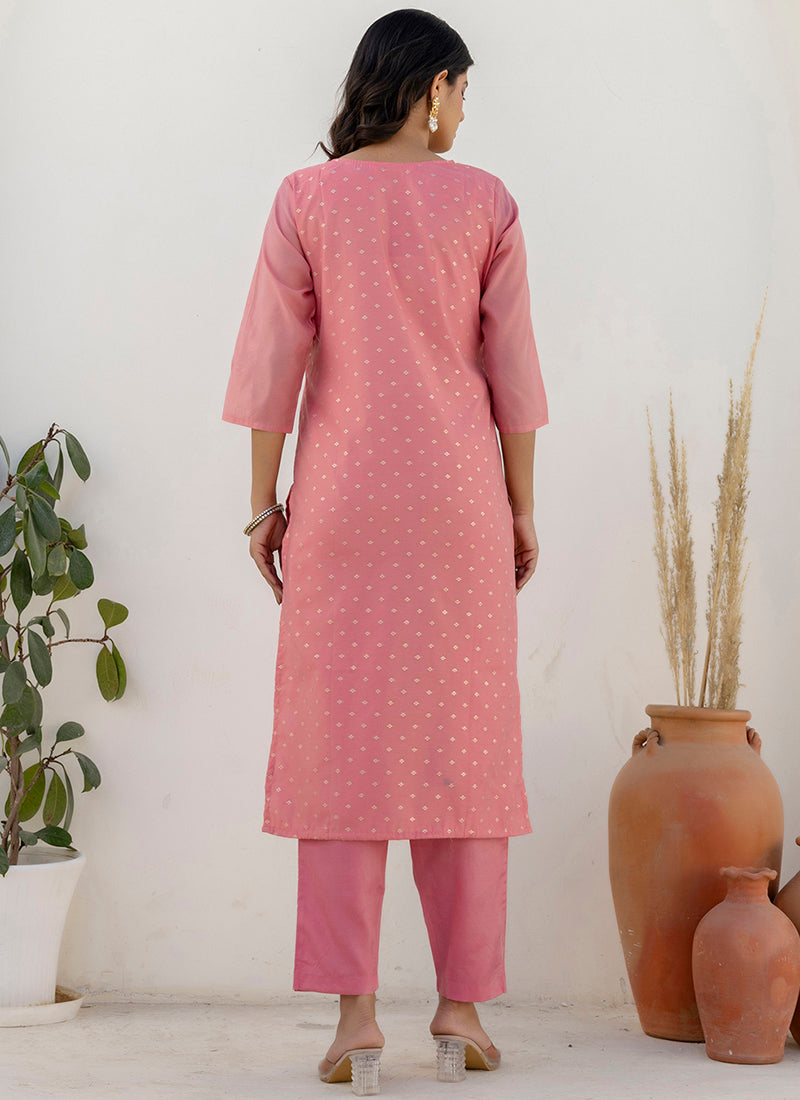 Vellora Chanderi Silk Pink Casual Wear Embroidery Work Readymade Salwar Suit