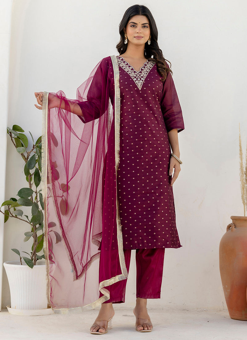 Vellora Chanderi Silk Wine Casual Wear Embroidery Work Readymade Salwar Suit