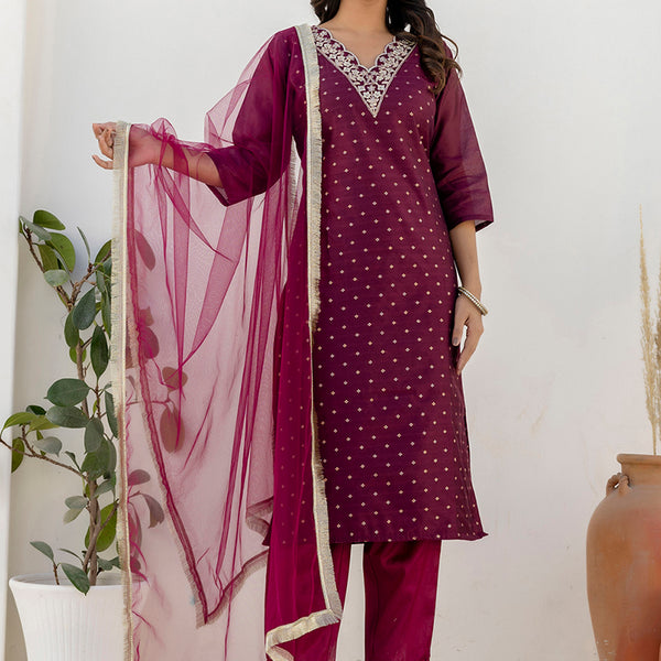 Vellora Chanderi Silk Wine Casual Wear Embroidery Work Readymade Salwar Suit