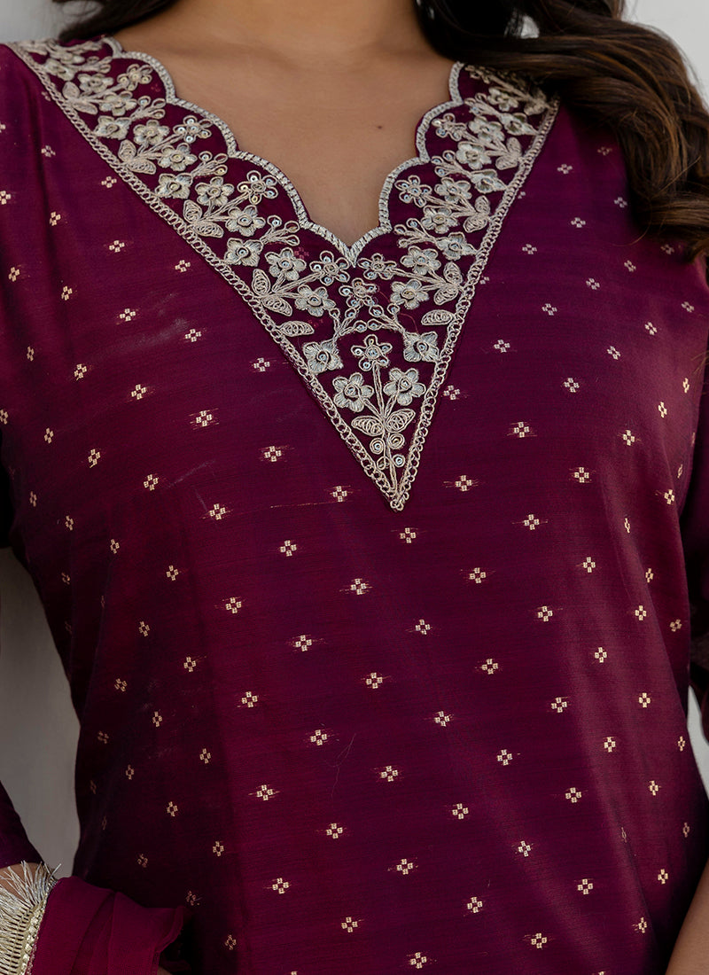 Vellora Chanderi Silk Wine Casual Wear Embroidery Work Readymade Salwar Suit