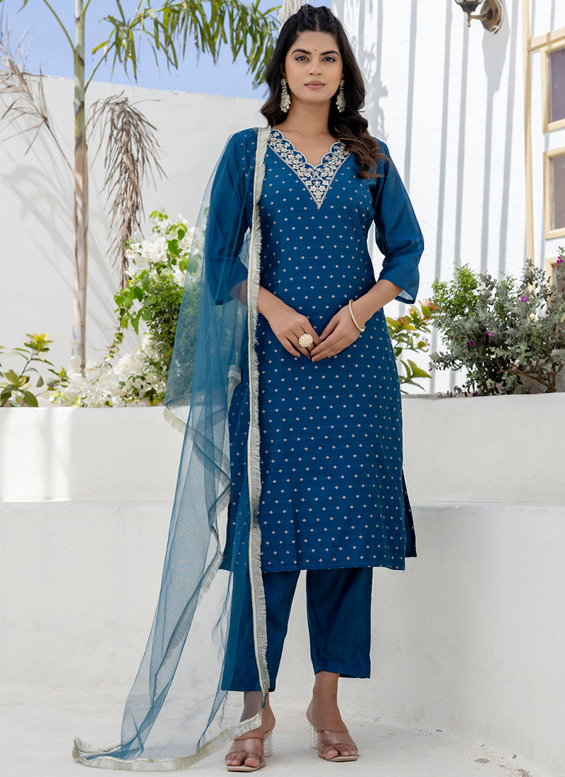Vellora Chanderi Silk Navy Blue Casual Wear Embroidery Work Readymade Salwar Suit