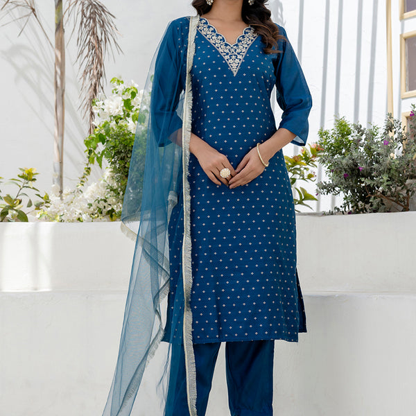 Vellora Chanderi Silk Navy Blue Casual Wear Embroidery Work Readymade Salwar Suit