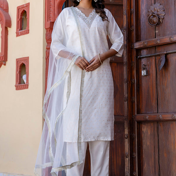 Vellora Chanderi Silk White Casual Wear Embroidery Work Readymade Salwar Suit